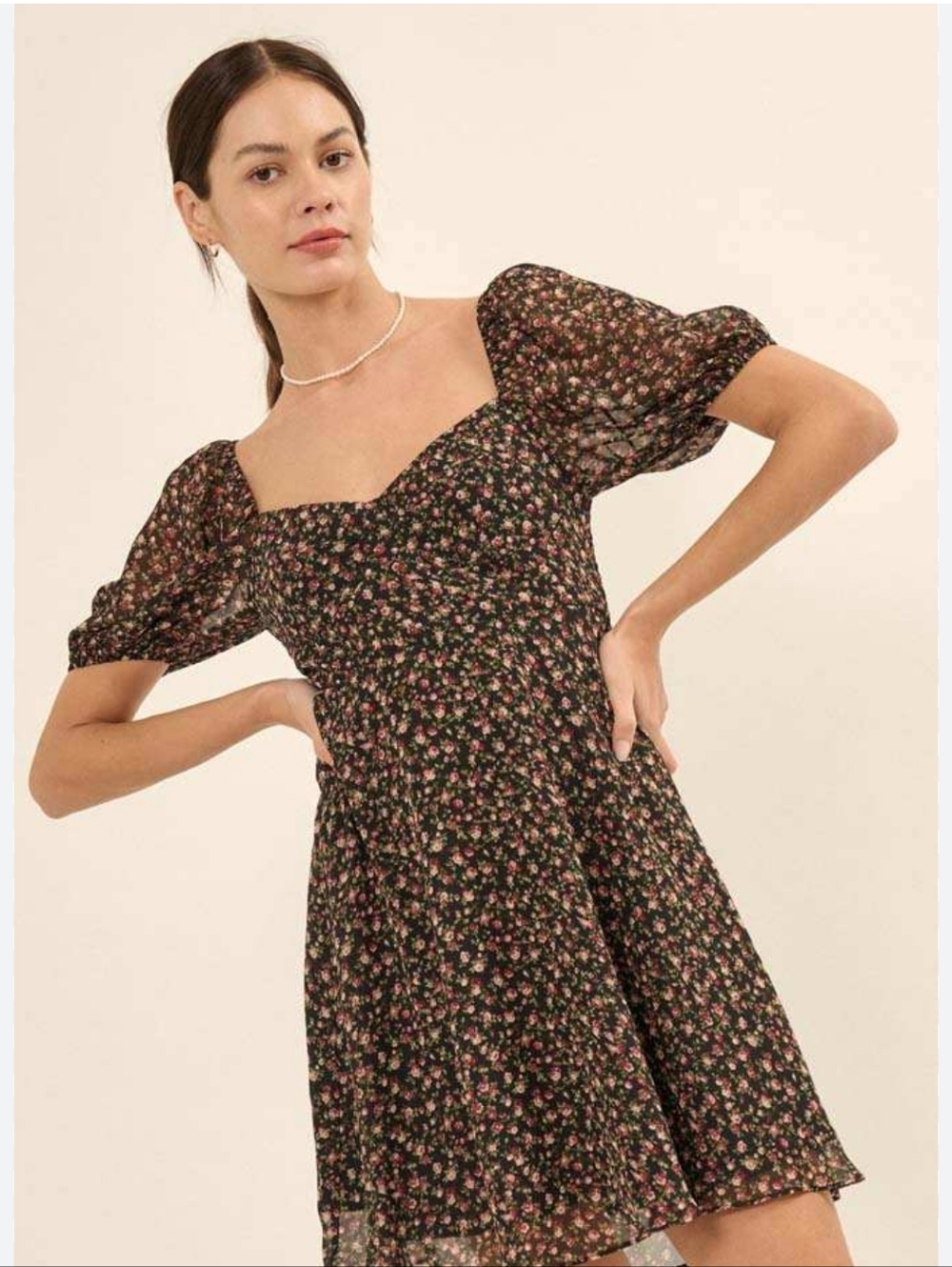 TOPSHOP SHEER Black Floral Puff-Sleeve Mini Dress
